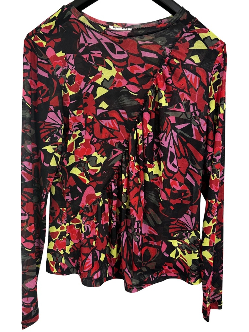 Open Edit Sheer Mesh Ruched Abstract Floral Top Size L Festival Artsy Top